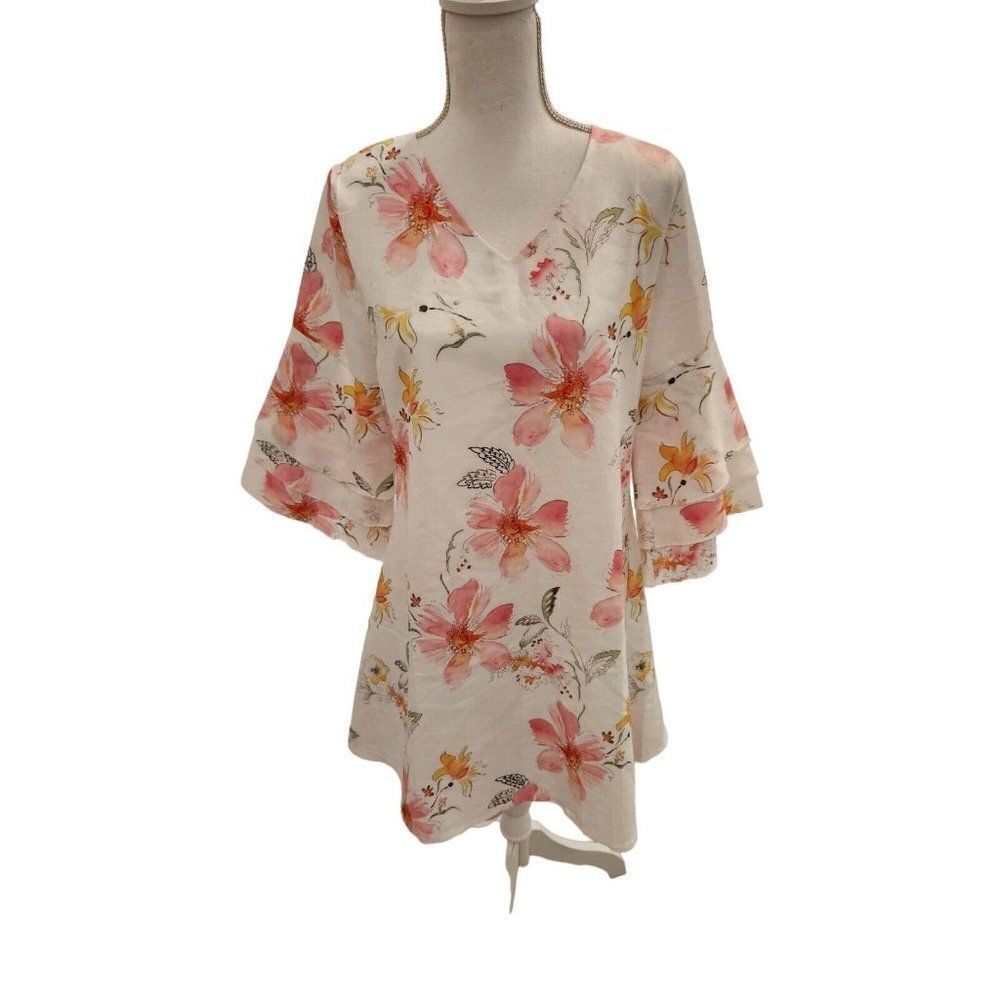 Summer Pink White Floral Mini Dress Size M Boho Spring Kimono Sleeve